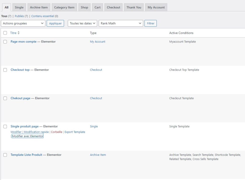 Gestion modèle pages woo builder